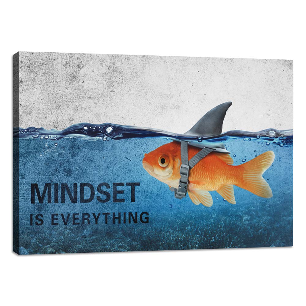 Inspirational Canvas Wall Art Quotes Abstract Blue Goldfish Shark Pictures Posters Painting on Canvas Motivational Entrepreneur Artwork Bathroom Bedroom Office Decor Framed Ready to Hang - 12"Hx18"W