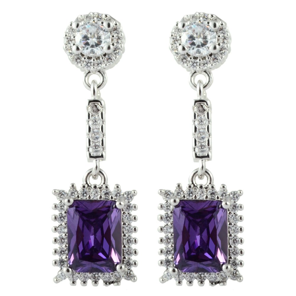 RIZILIA Drop Pierced Earrings with Rectangular Cut Gemstones CZ [Purple Amethyst] in 18K White Gold Plated, Simple Modern Elegance