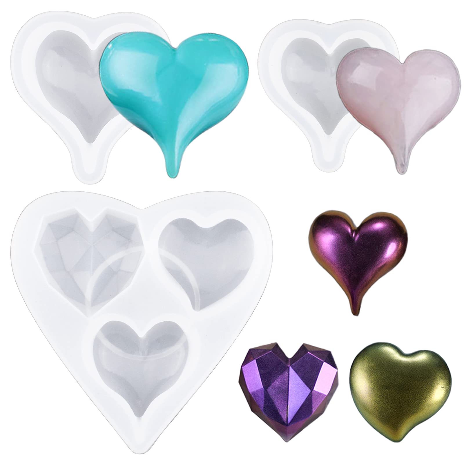 WANDIC Silicone Mold, 3 Pcs Heart Shaped Paperweight Resin Mold Pendant Jewellery Making Mold 3D Heart Resin Mold for DIY Handmade Epoxy Crafts