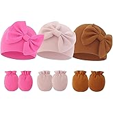 Fecawd Newborn Baby Hats Mittens Sets Bow Infant Caps Gloves No Scratch Mitten Beanie Set for 0-6 Months Girls