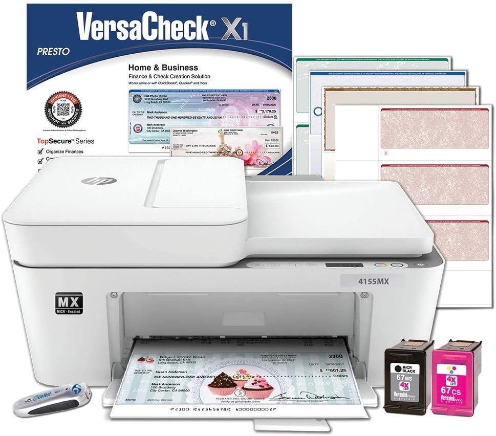 VersaCheck HP DeskJet 4155 MX MICR All-in-One Check Printer and VersaCheck Presto Check Printing Software Bundle, White (4155MX)