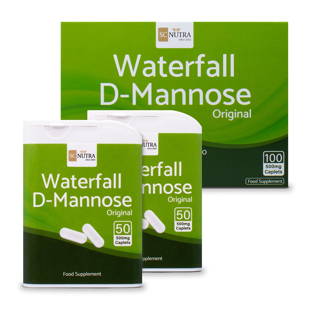 Waterfall D-Mannose 100 x 500mg Caplets (Easy to Swallow Tablets) - 100% D-Mannose Naturally Sourced from Birch - for Healthy Bladder Support - Vegan - SC Nutra (Sweet Cures)