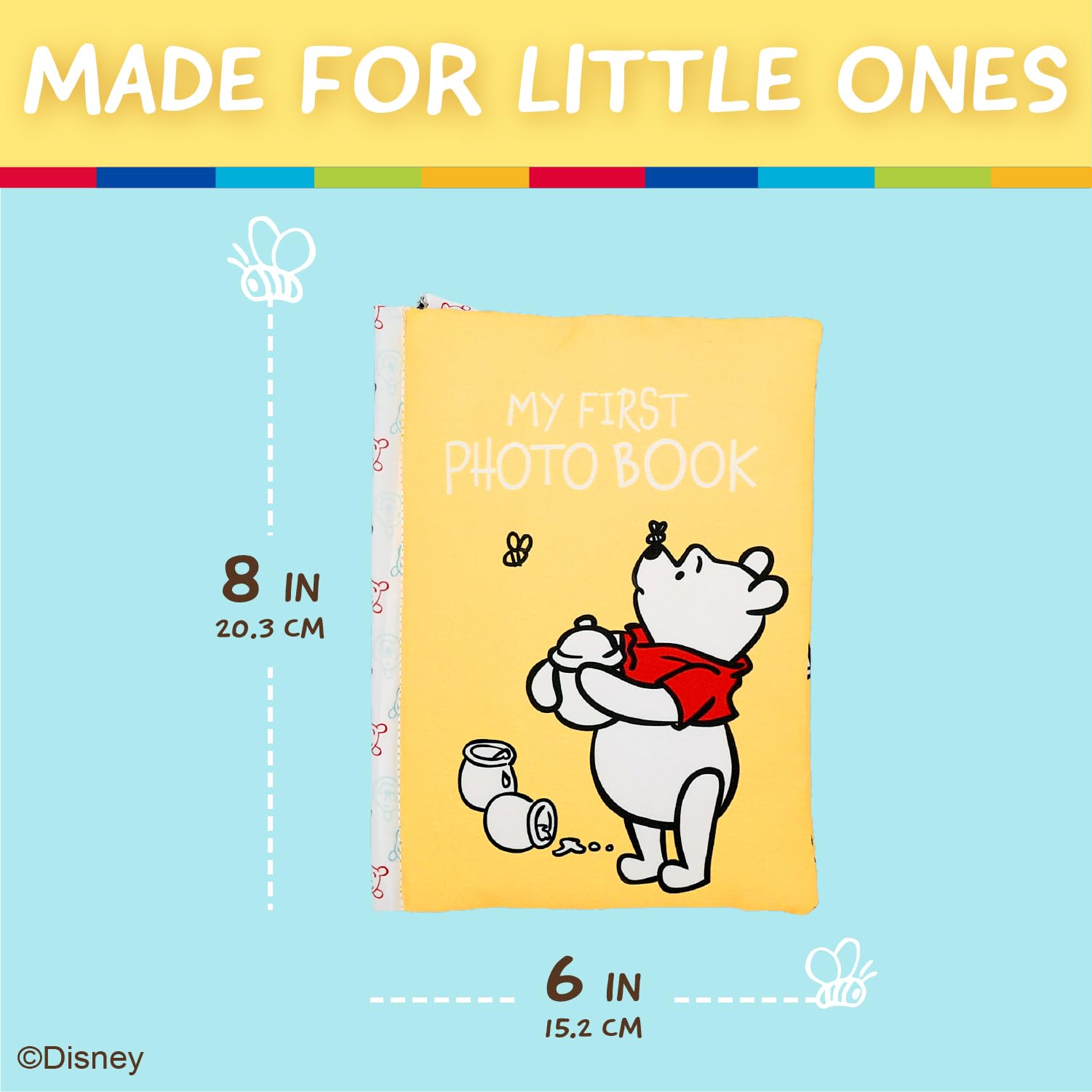 Disney Winnie The Pooh Photo Album with Soft Pages and Crinkle Sounds for Babies and Toddlers – Holds 4x6 Photos and On The Go Strap for Stroller, Car Seat or Crib for Baby