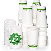 ECOLipak 100 Count 16 oz Compostable Paper Coffee Cups, Biodegradable Disposable Coffee Cups with CPLA Lid, Eco-friendly Hot Drinking Cups for Parties, Picnics, Travels,and Events