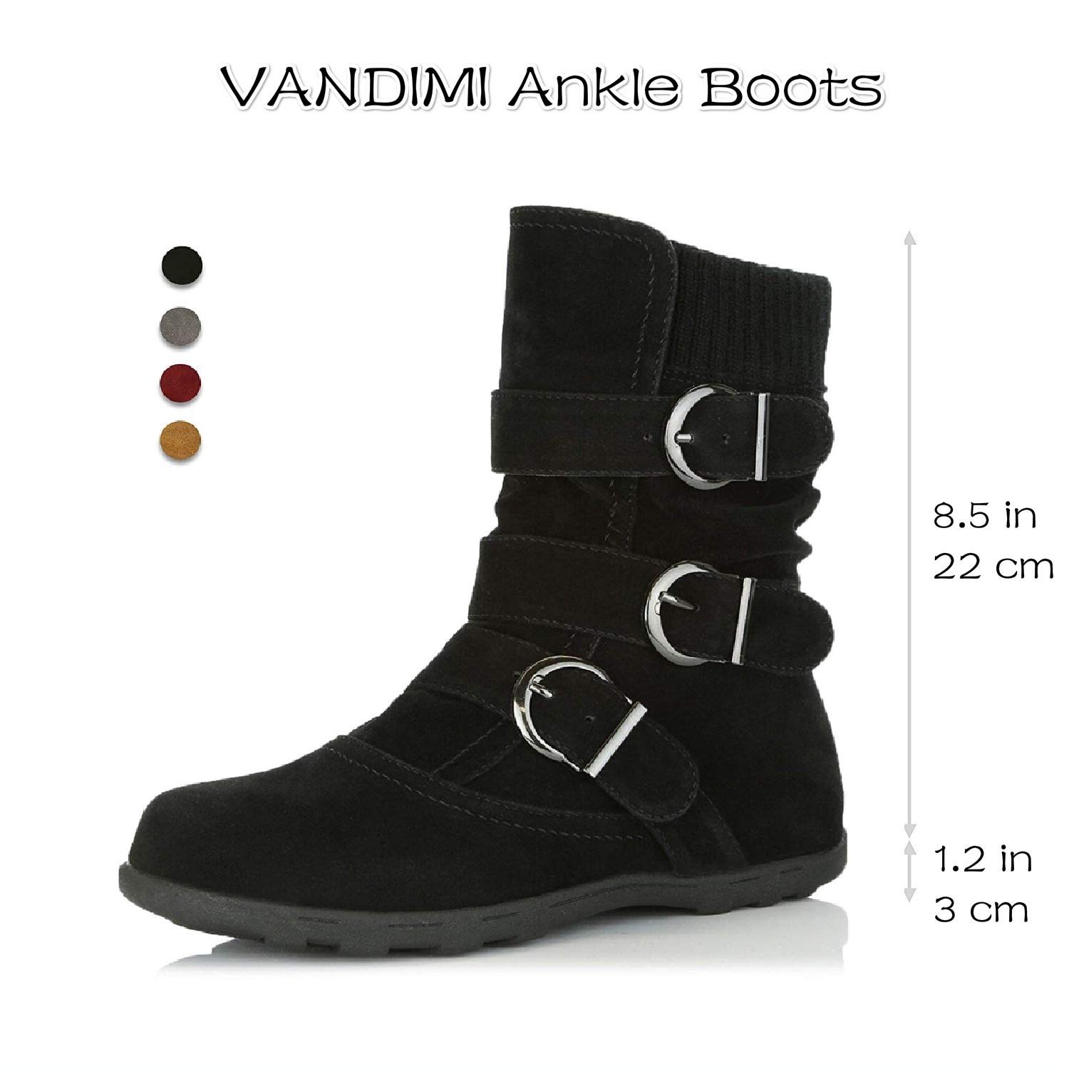 VANDIMI Womens Ankle Boots Zipper Buckles Strap Suede Booties Cute Classical Mid Flat Boot Black