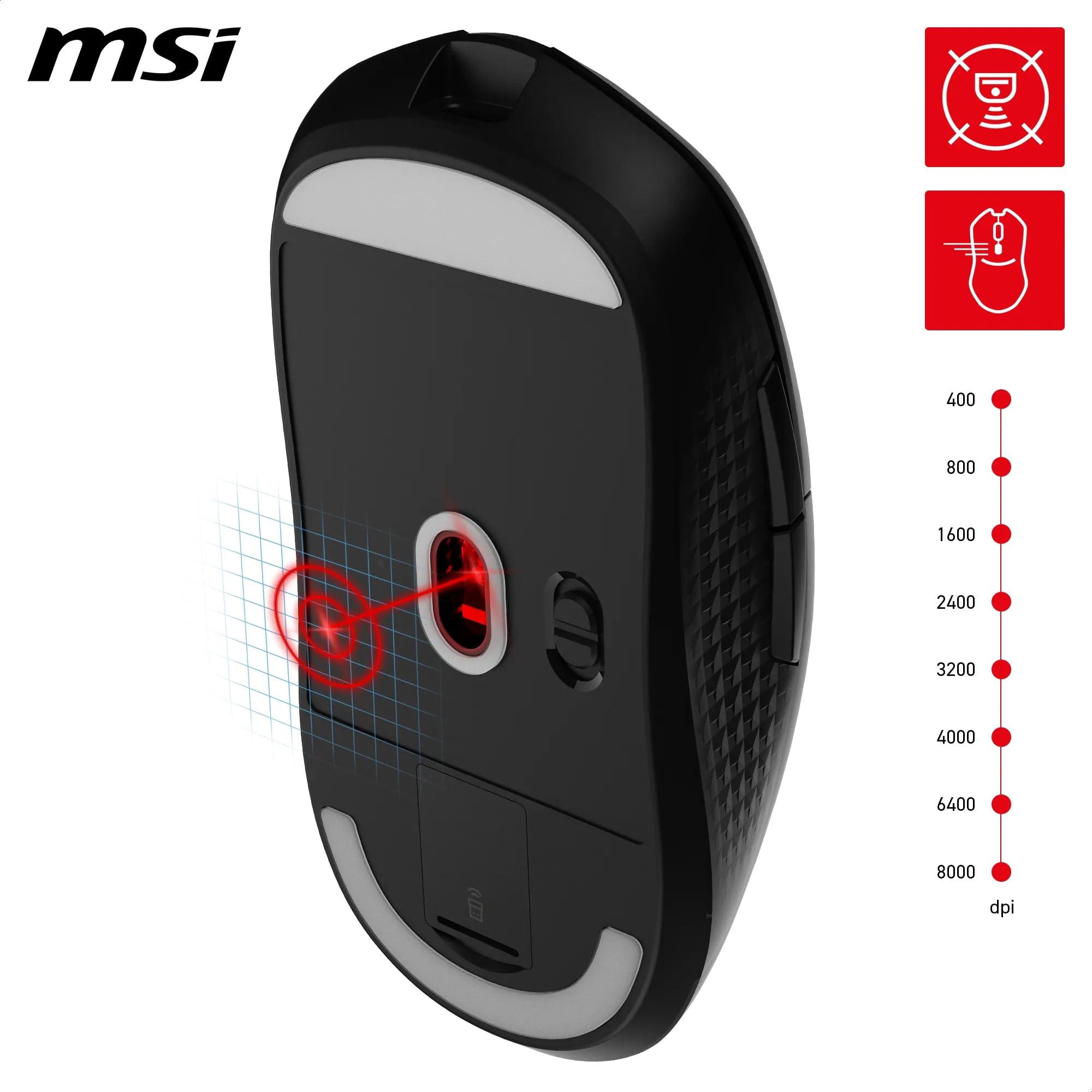 MSI Versa 300 Wireless Gaming-Maus – 8000 DPI optischer Sensor, 1000 Hz Polling-Rate, symmetrisch, 30M+ Klicks, 6 Tasten, 50-Stunden-Batterie, 1 ms Latenz, 60 g – Kabelgebunden/kabellos 5