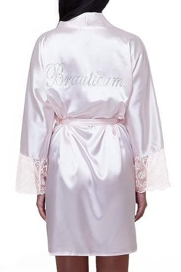 VA-Fashion Braut Hochzeit Damen Morgenmantel Kimono Satin Spitze kurz Brautteam