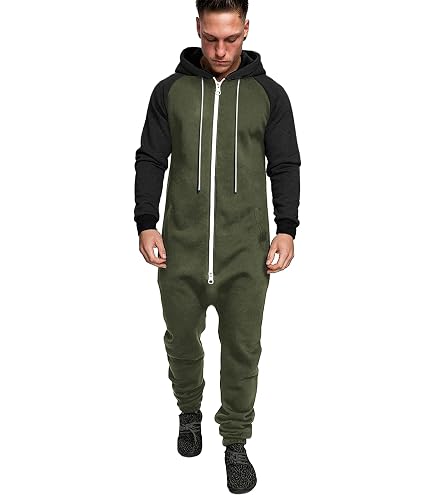 WWPPAION Black Jumpsuit Plus Size Men's Hooded Jumpsuit Zip Up