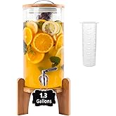 1.3 Gallon Drink Dispenser, Glass Beverage Dispenser with Wood Stand, Lemonade Dispenser with Airtight Valve and Stainless Steel Spigot Fruit Infuser, Thick Drink Dispenser for Parties Restaurants