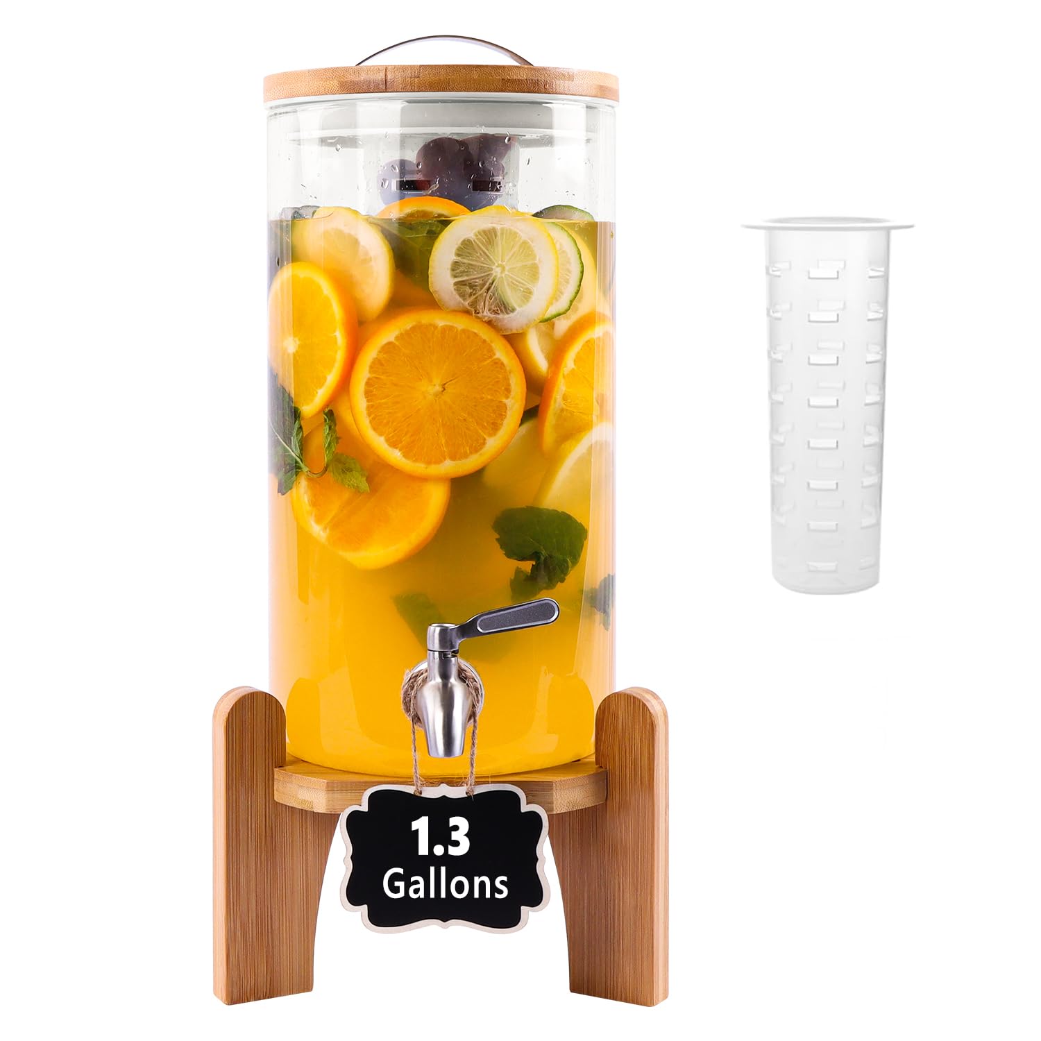 View 1 of 1.3 Gallon Drink Dispenser, Glass Beverage Dispenser with Wood Stand, Lemonade Dispenser with Airtight Valve and Stainless Steel Spigot Fruit Infuser, Thick Drink Dispenser for Parties Restaurants