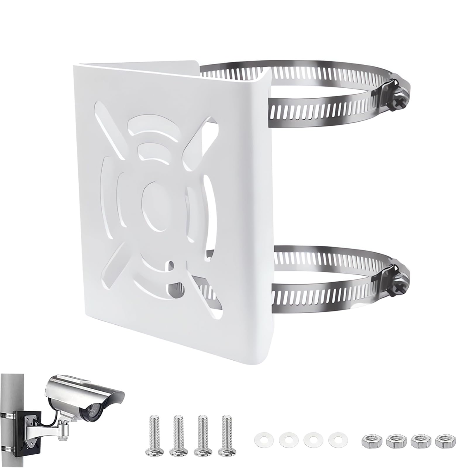 E-Horde Universal Vertical Pole Mount Bracket for CCTV Security Camera, PTZ Dome Pole Wall Mounting Loop Bracket,Solid Metal Mounting Corner Bracket with 200mm Loops (1, White)