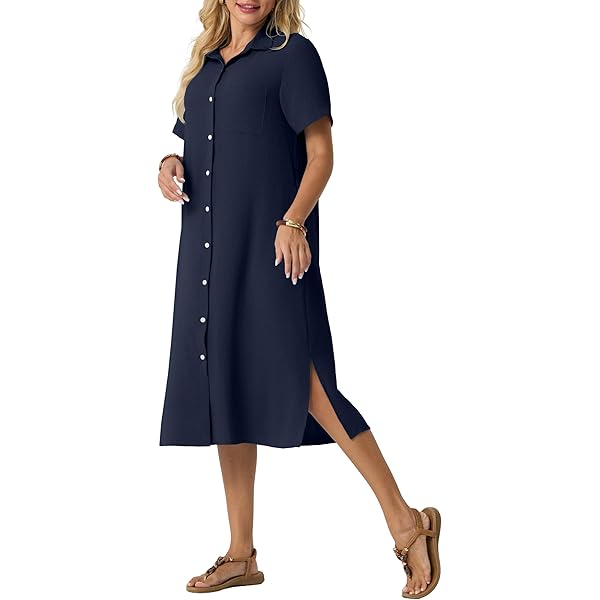 Women's Summer Cotton Shirt Dress Short Sleeves Button Down Knee Length  Dresses Casual Loose Mini Dress with Pockets, Black Small at Amazon Women's  Clothing store