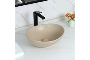 Davivy 16.1"x13.6" Light Khaki Bathroom Vessel Sink with Pop Up Drain,Oval Vessel Sink Above Counter, Ceramic Egg Shape Vessel Sink,Matte Khaki Vessel Sink for Bathrooms