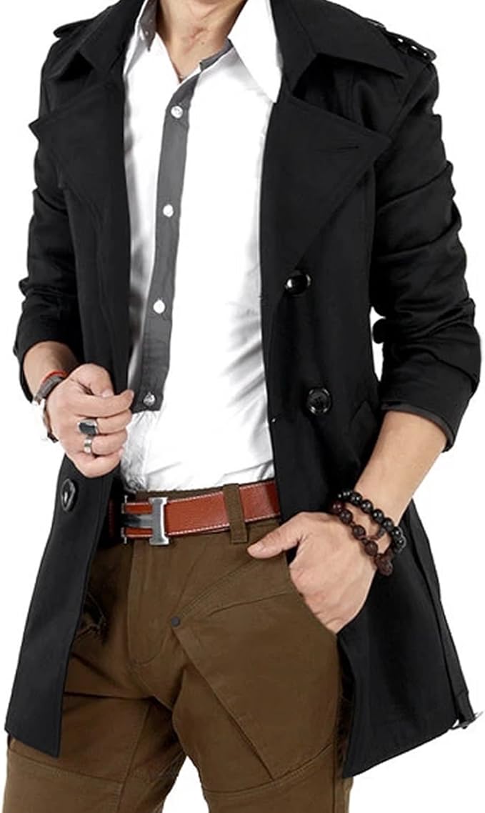 Amazon Sheya レンチコート ビジネス メンズ ハーフ ベルト付き ダブル ジャケット アウタカジュアル コーディネート 黒 ベージュ 秋 冬 防寒 ジャケット メンズ ブラック L コート ジャケット 通販