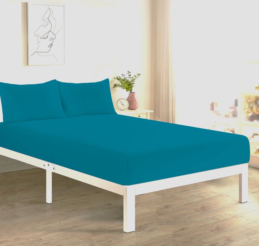 Comfort Collections Fitted Bed Sheet With FREE MATCHING 1 X PILLOW CASE Poly Cotton Percale Easy Care Plain Dyed Bed Sheet Teal Single