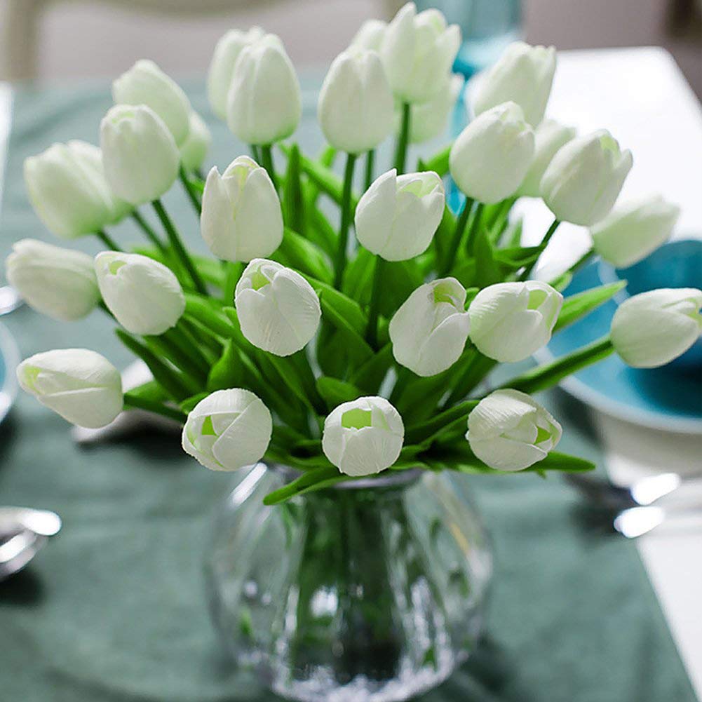 Veryhome Artificial Tulips Fake Tulip Flower Latex Material Real Touch Bouquets for Wedding Room Home Hotel Party Decoration and DIY Decor (New White-20PCS)
