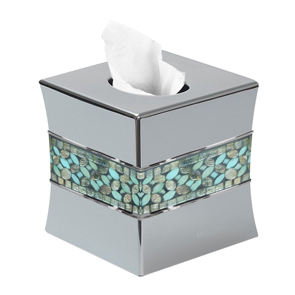 nu steel Sea Foam Collection Curved Shape Paper Facial Tissue Box Holder for Bathroom Vanity Countertops, Bedroom Dressers, Nightstands, Desks and Tables, Aqua Finis, Mosaic Glass/Stainless Steel