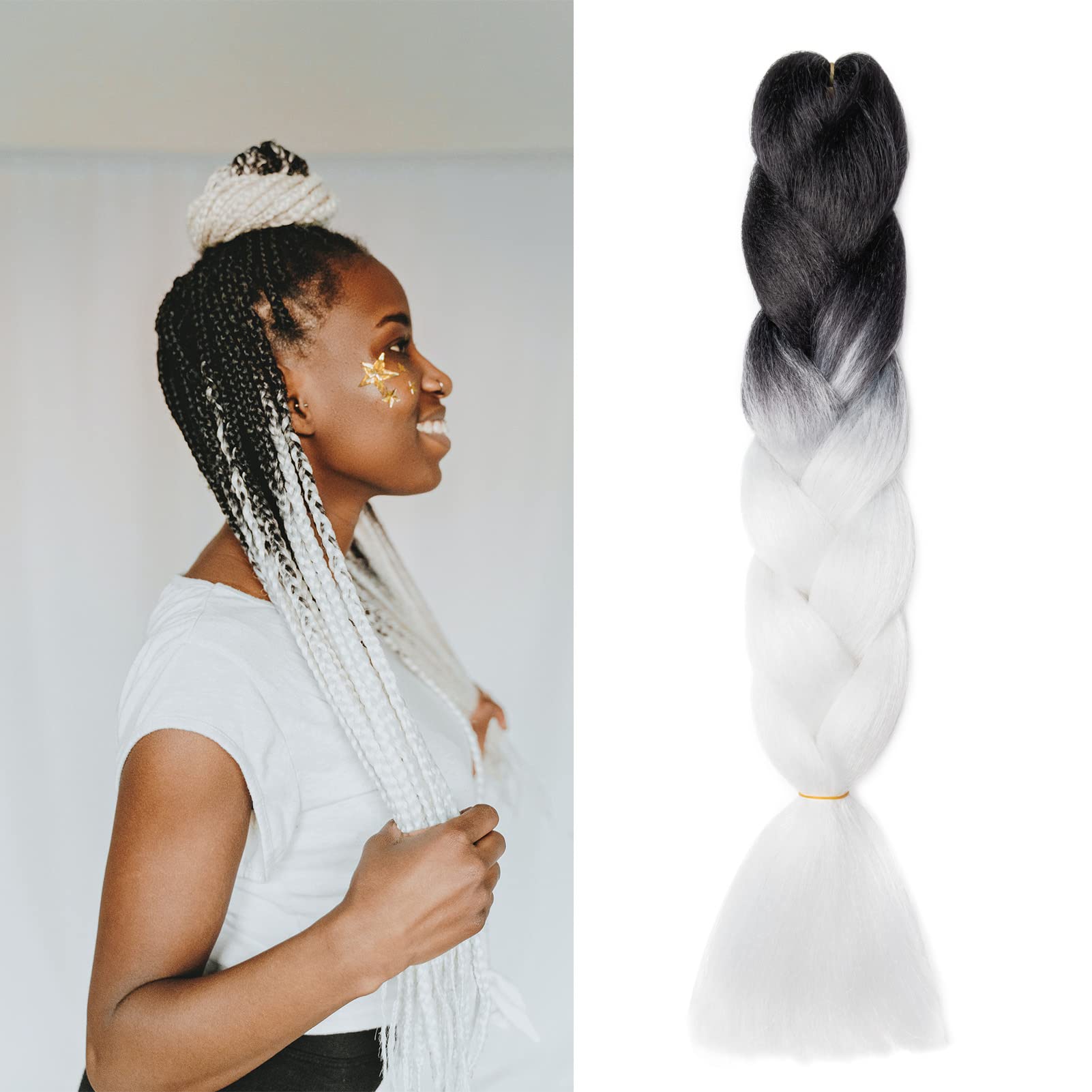 Gairyan Braiding Hair Extensions for Braiding 1 Bundle 100g 24" Ombre Jumbo Braiding Hair Colorful Synthetic Hair for Braid Soft Box Braids Crochet Twists (Black-Pure White) โ image 1