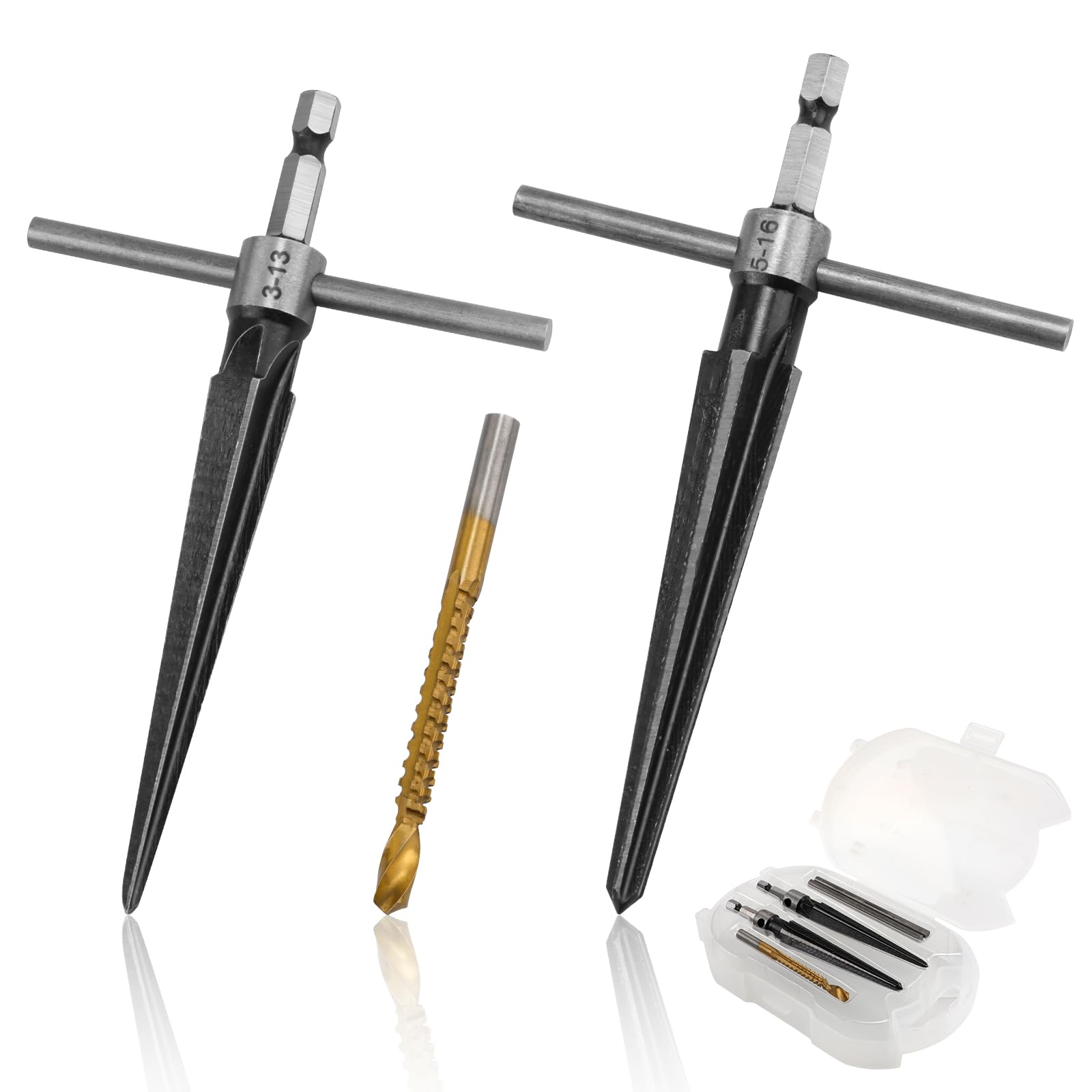 5pcs Tapered Reamer Tool Set, 3-13mm (1/8''-1/2'') & 5-16mm(1/2"-5/8") Bridge Pin Hole Hand Reamer Tool Detachable T-Handle Tapered Reamer for Guitars Wood Plastic Pipes Cutting