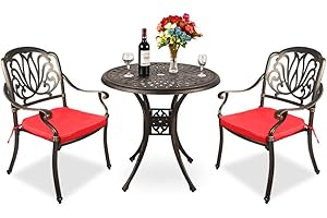 TITIMO 3 Piece Outdoor Furniture Dining Set, All-Weather Cast Aluminum Conversation Set Includes 1 Round Table and 2 Chairs with Red Cushions and Umbrella Hole for Patio Garden