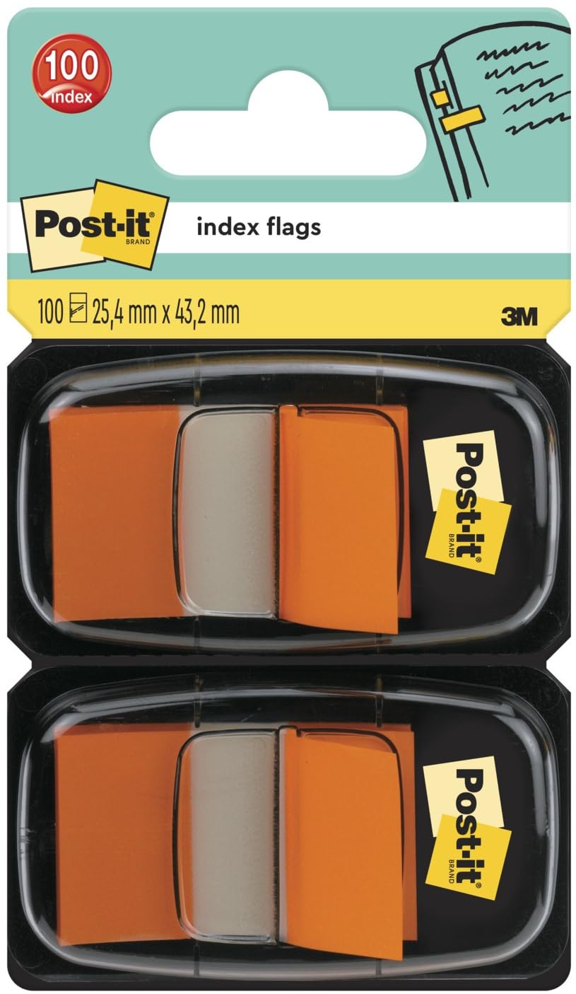 Post-it Index Flags, Medium, Orange, 2 Dispensers 25.4 mm x 43.2 mm, 100 Flags - to Mark, Highlight or Color Code Important Information