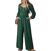 Dokotoo Jumpsuits for Women 2026 Spring Long Sleeves Square Neck Button Decoration Rompers Overalls with Pockets