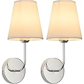 LEECOORA Modern Hardwired Wall Sconces, Set of 2 in Chrome or Polished Nickel with White Fabric Shades,Farmhouse Light, Livin