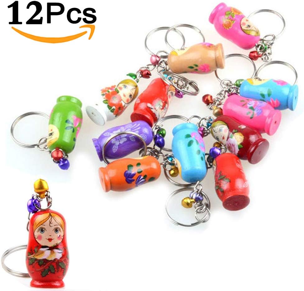 BBYaki Set of 12 Key Chain Russian Traditional Nesting Doll Matryoshka Stacking, Wooden Fashion Rings Keychains