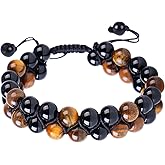 PAKUNDAS Handmade Double Protection Bracelet - Men & Women's Crystal Bracelet with Tiger Eye, Hematite - 8mm Natural Stone Beads Bring Good Luck, Prosperity, Happiness