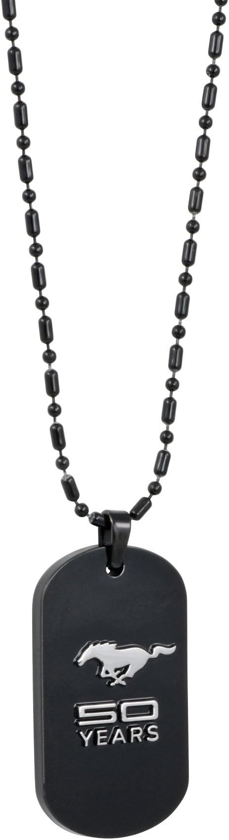 Show off your PONY PRIDE with this unique polished 2-tone (black & silver) dog-tag necklace showcasing the 50 YEARS of the iconic Mustang in 3D. Ball-bar chain measures 22". Dog tag is 2”