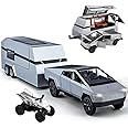 Metal Pick-Up Truck Trailer Toy with Motorcycle, Sound/Light/Pull Back/Realistic Interior Exterior, Ideal Toy Car Vehicle Gift (1/32 Grey Pickup Trailer RV)