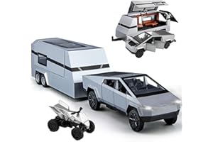 EROCK Metal Pick-Up Truck Trailer Toy with Motorcycle, Sound/Light/Pull Back/Realistic Interior Exterior, Ideal Toy Car Vehicle Gift (1/32 Grey Pickup Trailer RV)