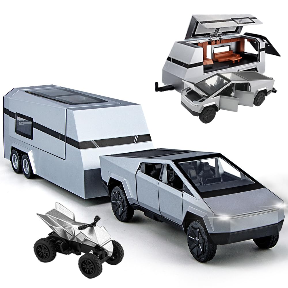 Photo 1 of Pickup Trailer RV Model, Metal Pick-Up Truck Trailer Toy with Motorcycle, Toy Truck with Sound/Light/Pull Back/Realistic Interior Exterior,Ideal Toy Car Vehicle Gifts (1/32 Grey Pickup Trailer RV)