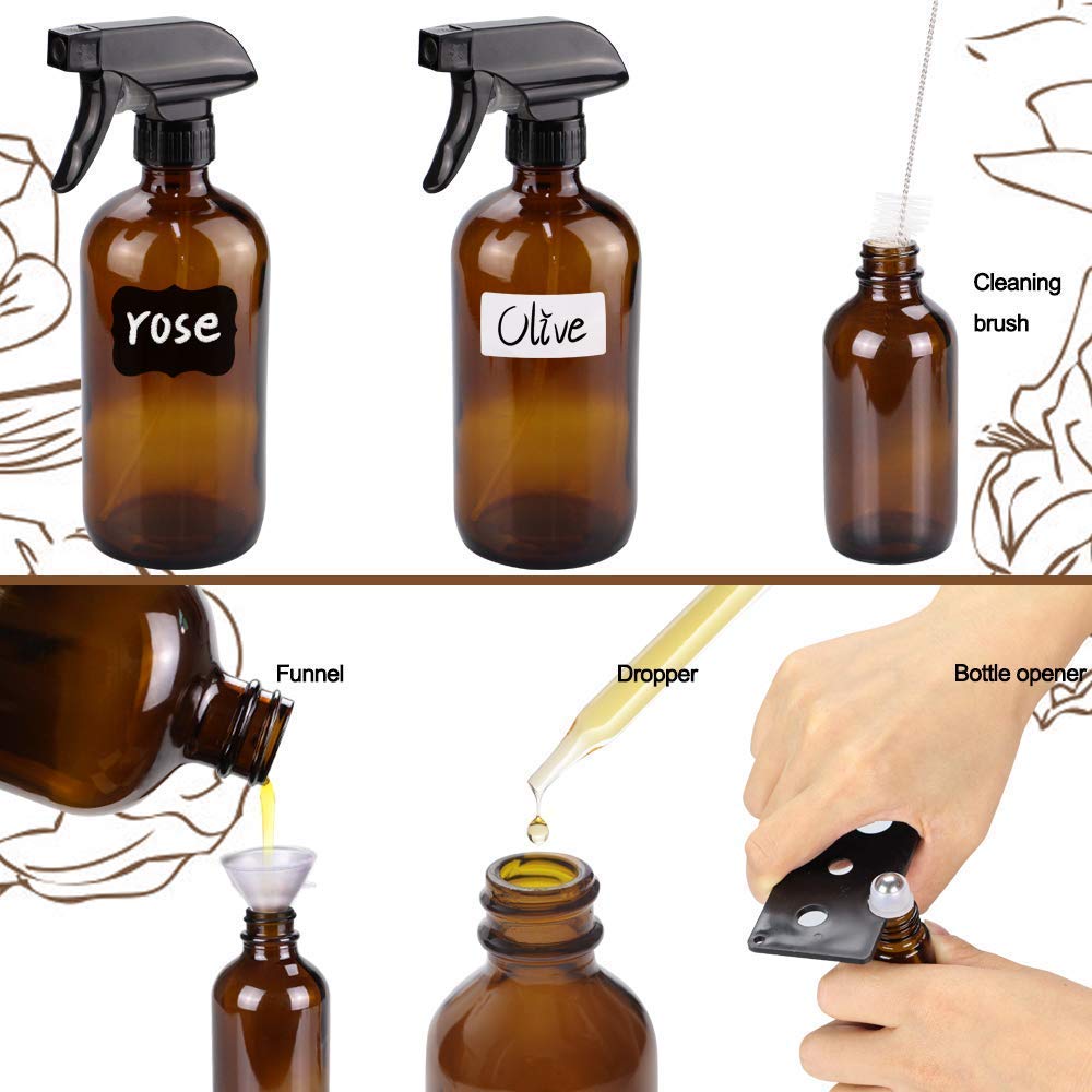 Glass Spray Bottle Kit×10 (2×16oz, 2×4oz, 6×2oz), 9×10ml Roller Bottles, Anti UV, Multi Size and Versatile, Suitable for Aromatherapy, Facial Moisturizing, Watering, etc.(Amber)
