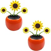 2Pcs Solar Dancing Flower Car Decoration, Apple Blossom Sunflower with Honey Bee, Swinging Windowsill Ornament