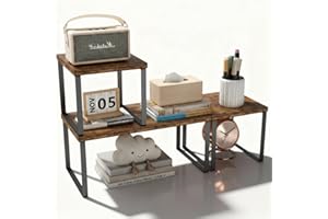 Aothia Wood Desktop Shelf for Top of Desk - 2-Tier Adjustable Bookshelf Organizer, Freestanding Stackable Shelves for Office, Home, Kitchen Counter (Rustic Brown)