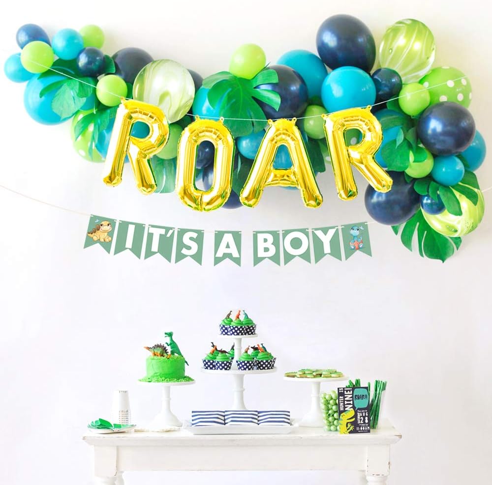 Sweet Baby Co. Dinosaur Baby Shower Decorations for Boy with Blue Green Balloon Garland Arch Kit, Its a Boy Banner, Leaves, ROAR Letters, Jungle Theme Party Supplies Lion King Safari Birthday Backdrop