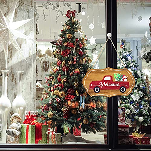 Welcome Sign, with 14 pcs Interchangeable Seasonal Ornaments Rustic Red Truck Home Sign for Front Door Decor, Seasonal Wall Hanging for Holidays
