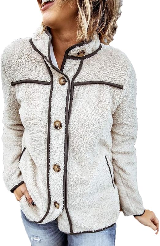 Womens Fleece Stand Up Collar Jacket Solid Two Side Pockets Warm for