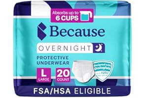 Because Overnight Absorbency Pull Ups - Adult Disposable Incontinence Underwear, Extra Absorbent Nighttime Briefs for Men and Women, White, Large, 20 Count