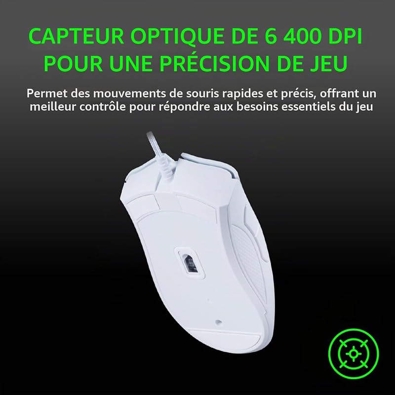 DeathAdder Essential (2021) - Souris Gaming Filaire avec Capteur Optique de 6400 DPI (Design Ergonomique, 5 Boutons Programmables, Jusqu'à 10M de Clics) Blanc