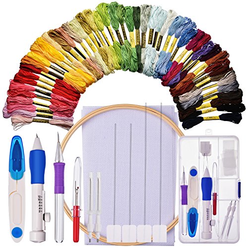 Bememo Embroidery Starter Kit Cross Stitching Sewing Kit Includes Embroidery Stitching Punch Needle Set, Bamboo Embroidery Hoop, 50 Color Threads, Cross Stitch Cloth, Stitch Ripper and Scissor