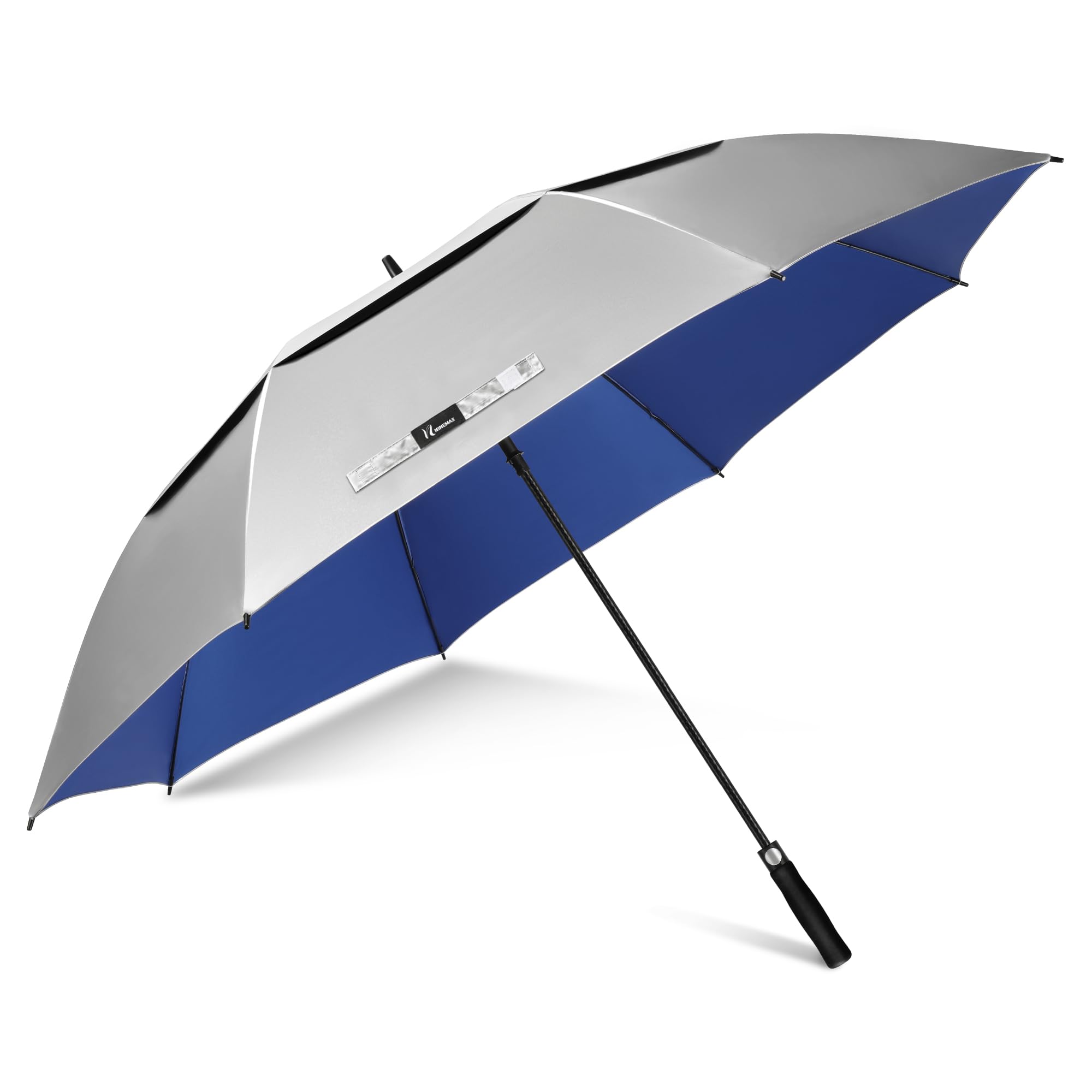 NINEMAX UV Golf Umbrella for Sun Protection 62inch, Large Sun Umbrella Windproof and Rainproof Strong UPF 50+, Reflective Golfing Brolly Double Canopy Heavy Duty for Men Women (Silver/Blue)