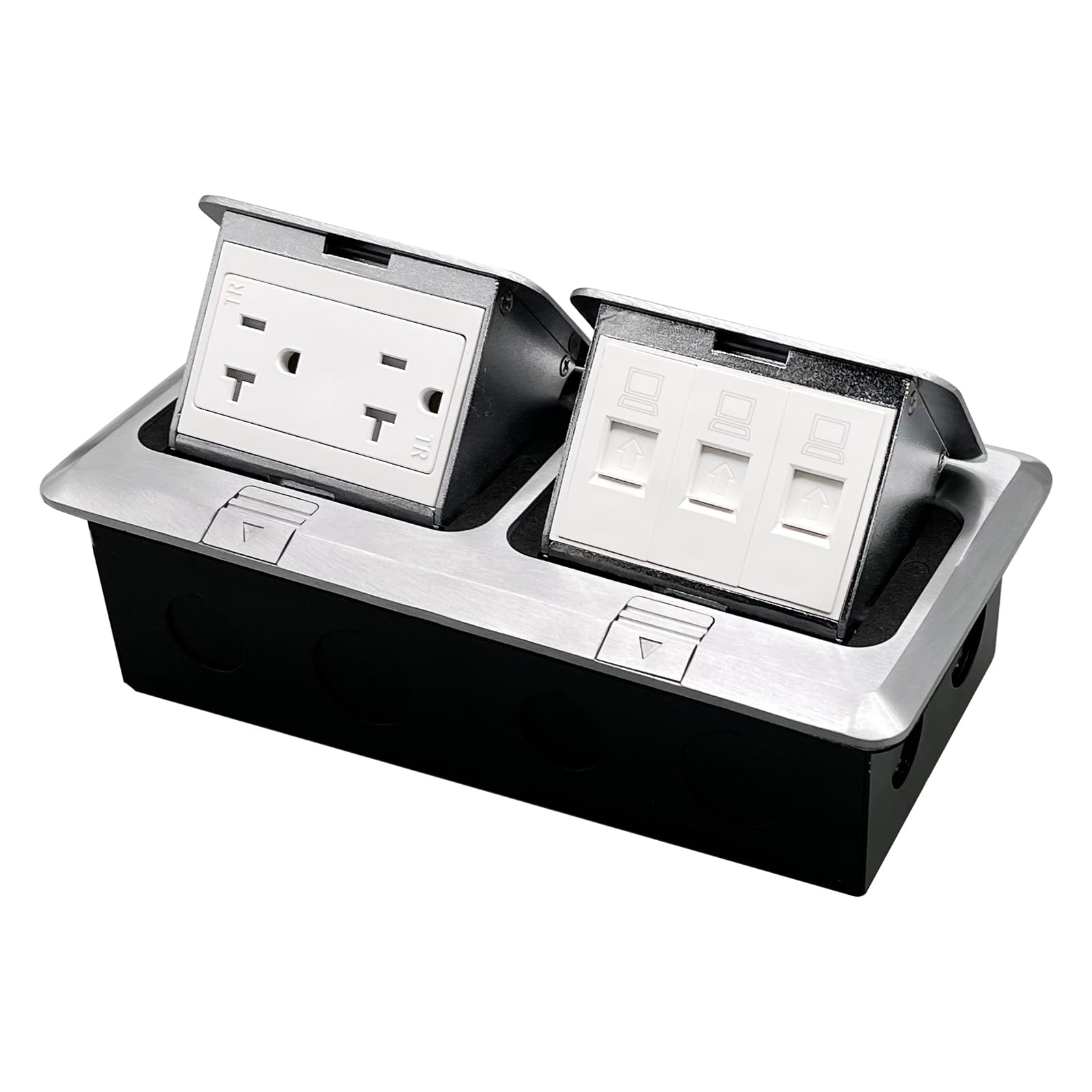Photo 1 of Jiangce Pop Up Floor Outlet Kit,Recessed Floor Outlet Box, with 20 Amp TR Recaptacle Outlet Stainless Steel Cover and 3 LAN for Office, Conference Room and Home Floor