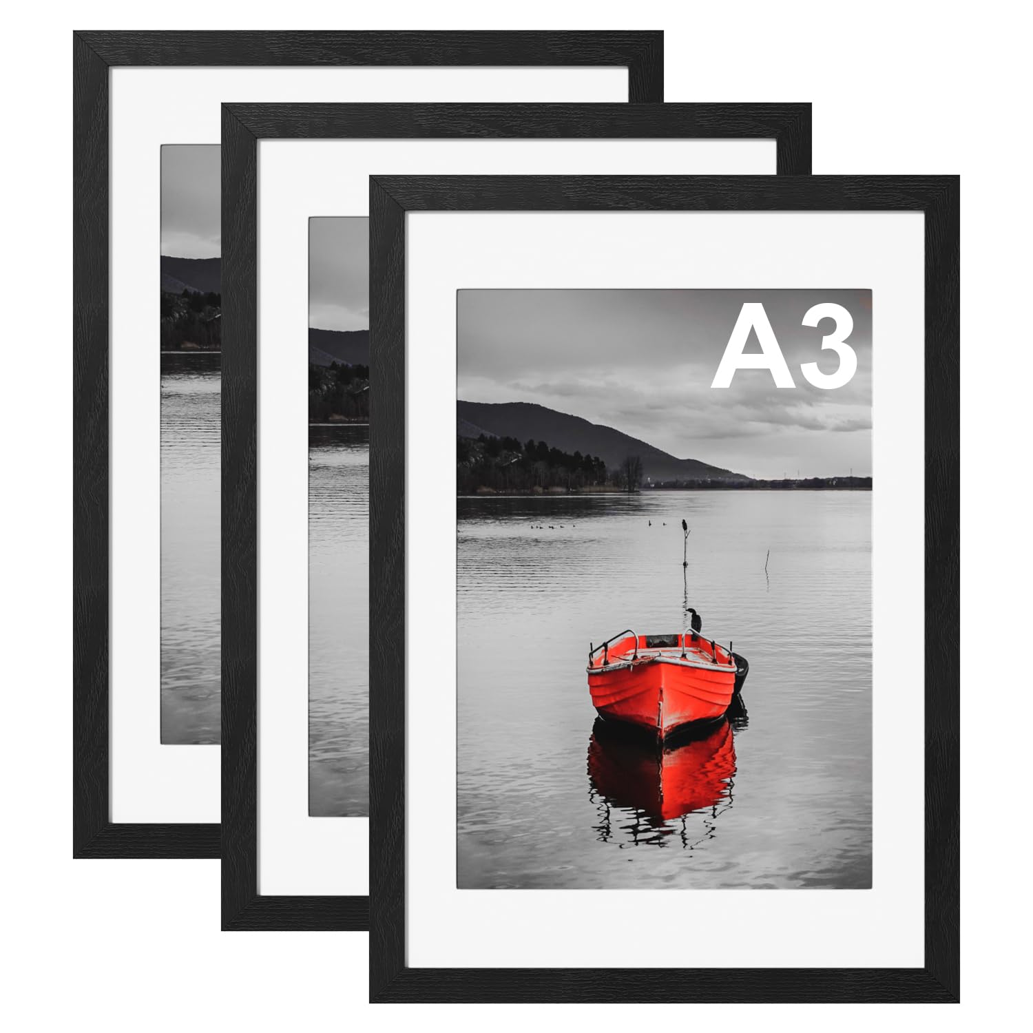 Hiyzaun A3 Picture Frame with Mount, Pack of 3 Poster Frame for A3 Print, 29.7x42cm Black Photo Frames, Wall Mounted