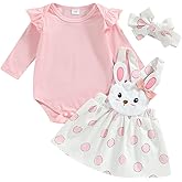 Newborn Baby Girl Pink Bunny Outfit Long Sleeve Romper Rabbit Suspender Skirt Overall Dress Headband My 1st Easter Outfit