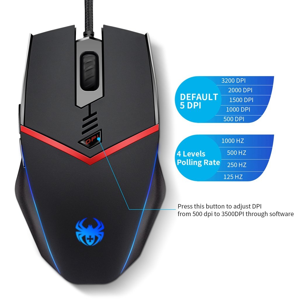 ZELOTES C13 Programmierbare Gaming Maus 3200 DPI USB Wired LED Computer Mouse with 6 Tasten, 5 Einstellbare DPI, Gewicht Tuning Set
