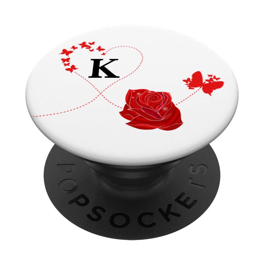 Pop Up Phone Grip,Red Heart Butterfly Rose Letter K White PopSockets PopGrip: Swappable Grip for Phones & Tablets