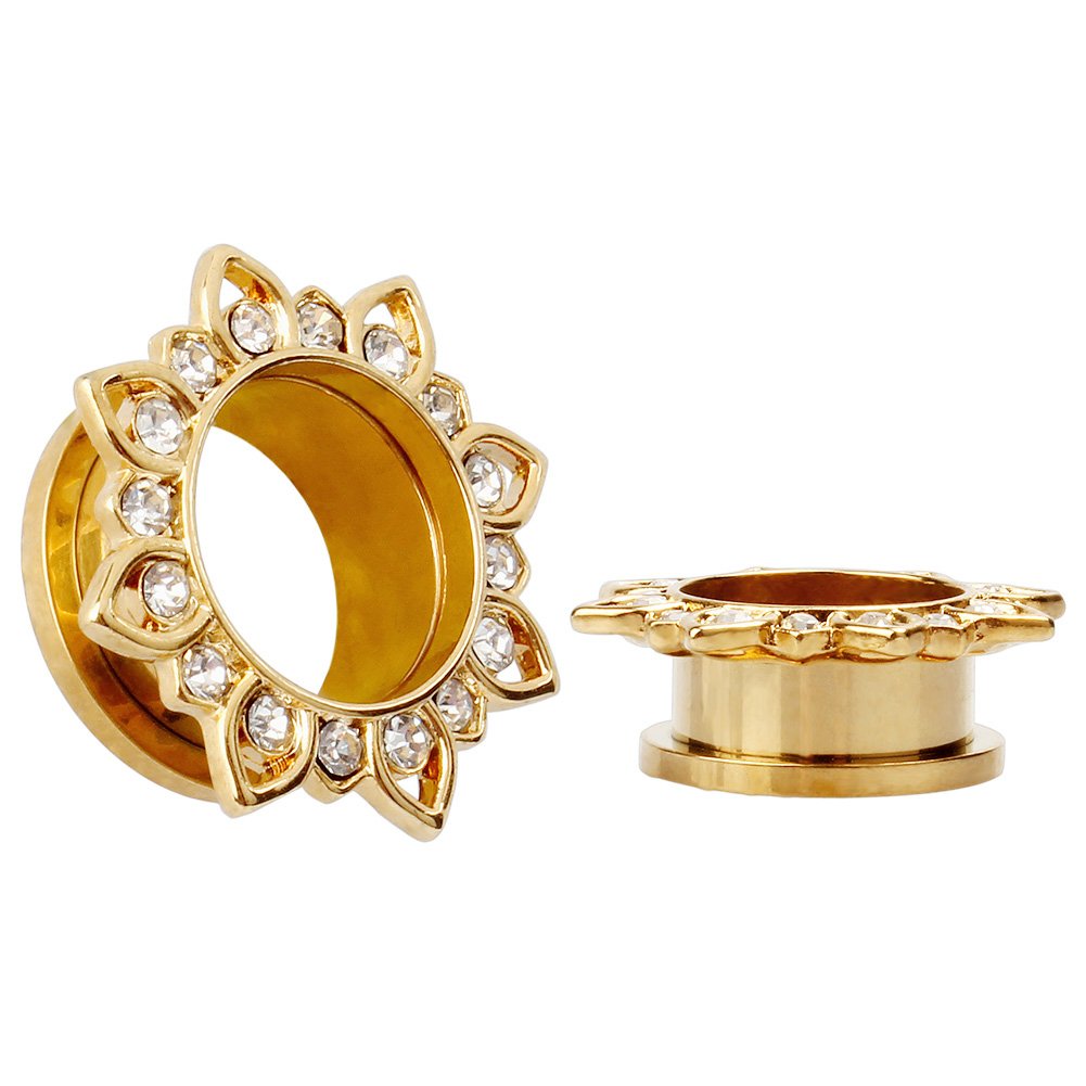 KUBOOZ Jewelry Gold Plated Flower Stainless Steel Crystal Gems Screw Back Ear Plugs Gauges Sold In Pairs, Stainless Steel