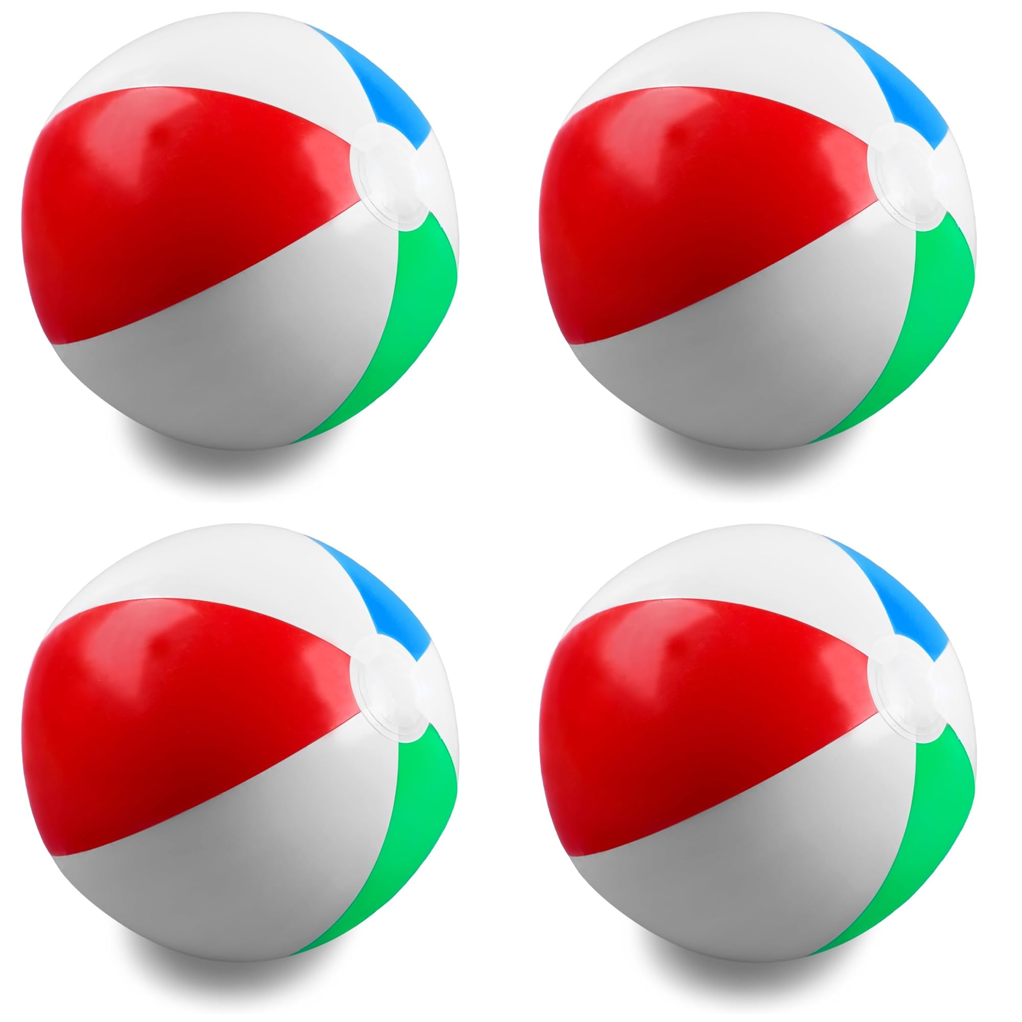 Navoys 4 PACK LARGE INFLATABLE BEACH BALLS, 60cm/24, Vibrant White, Green, Blue, and Red Panels for Summer Fun, Suitable for Swimming Pool, Beach, Camping, Travel Games (4)